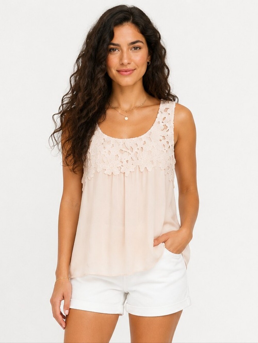 Charming Charlie Cream Lace Boho Tank Top Romantic Chiffon Sleeveless L